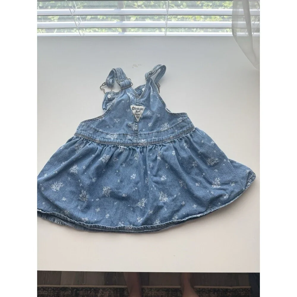 OshKosh B’gosh Denim Overall Dress Jumper 2T Floral Print Blue Chambray Skirt